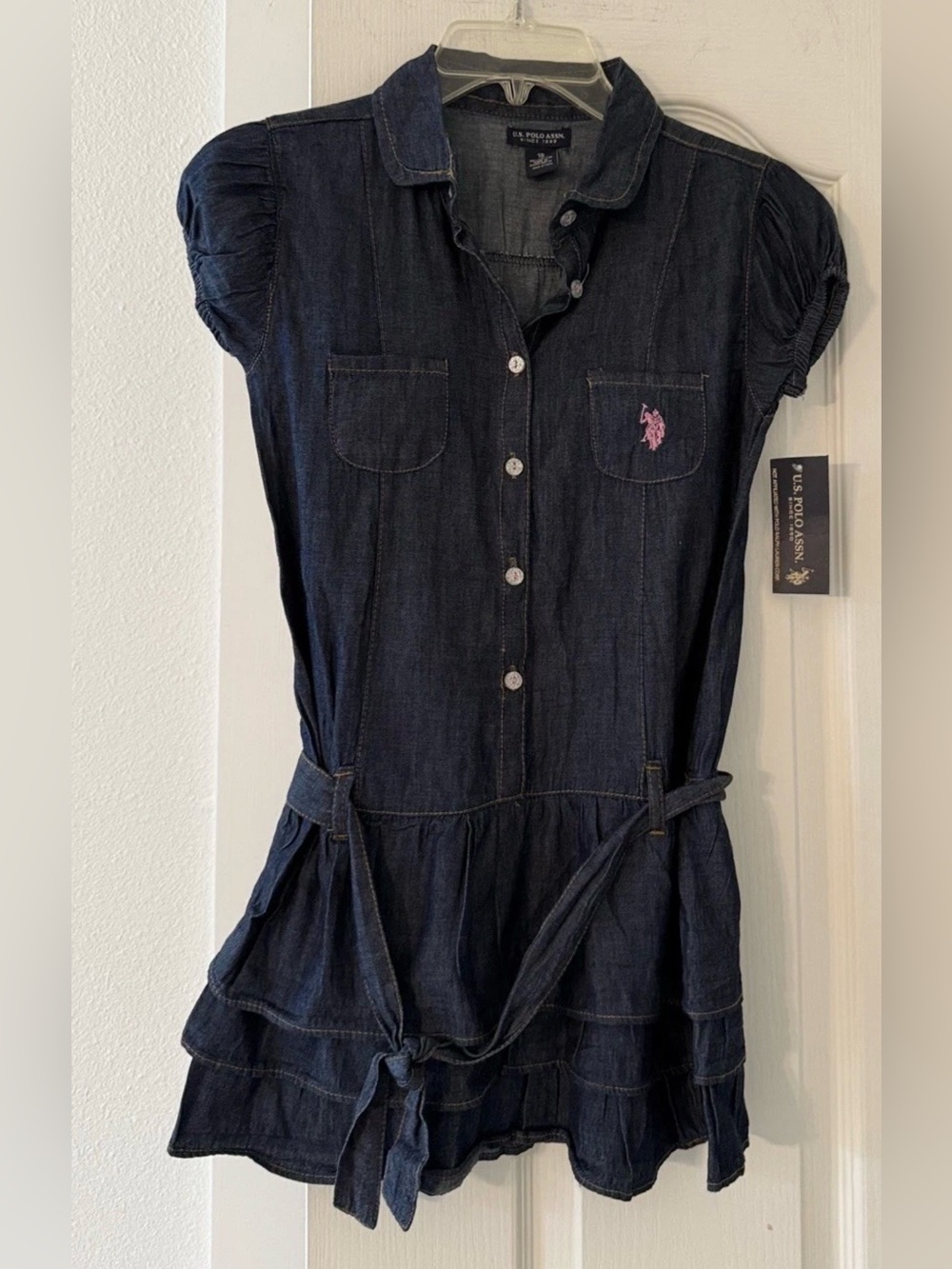 U.S. Polo Assn Girls Denim Dress Size 10 NWT Puff Sleeve Belted Ruffle Hem